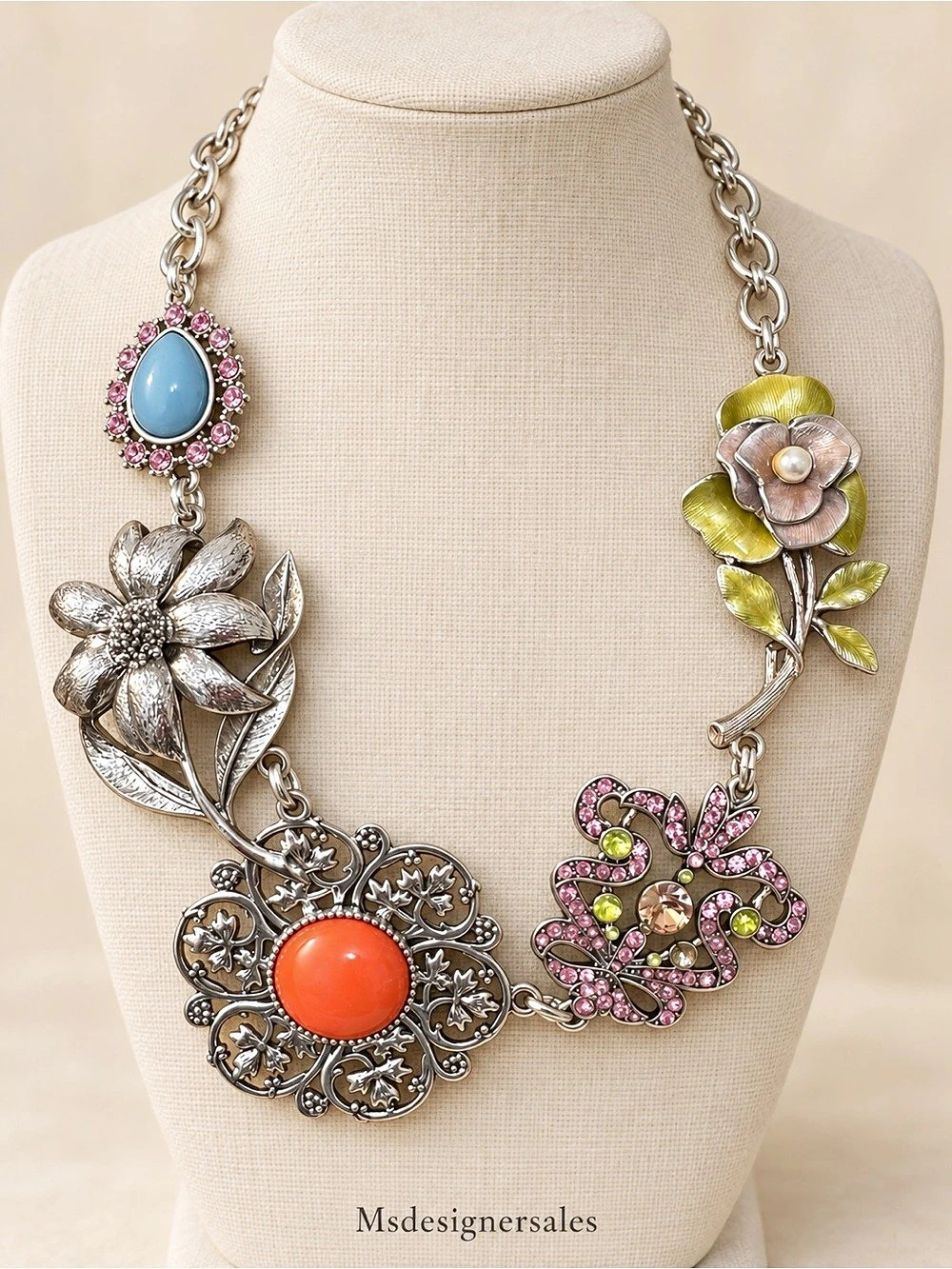 Floral Statement Necklace in Silver & Pink Like New 174